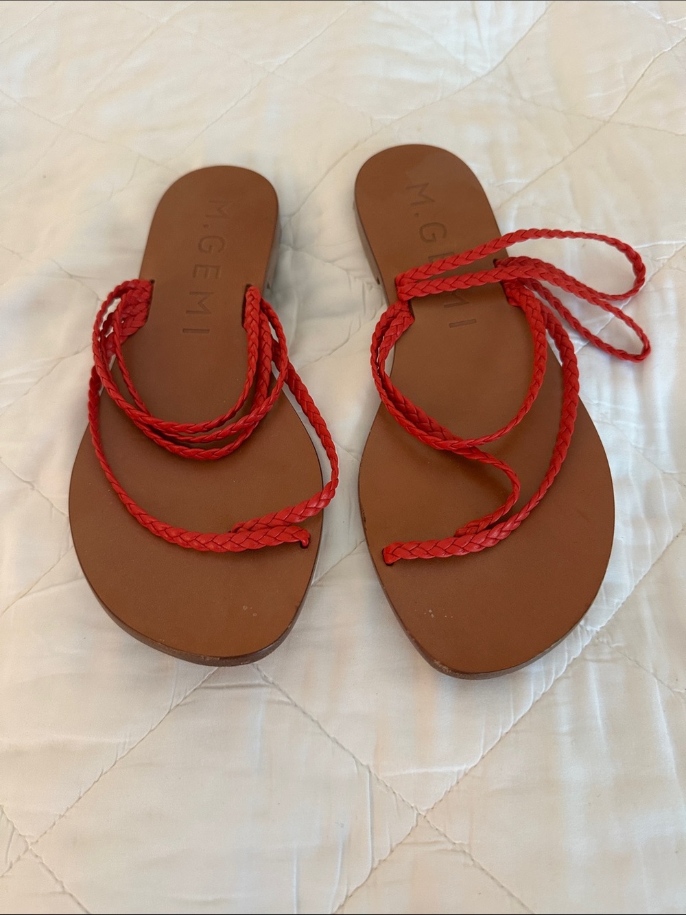 M. Gemi Red Braided Leather Wrap Sandals with Tan Footbed